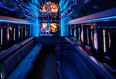 party bus interior with vibrant led lights